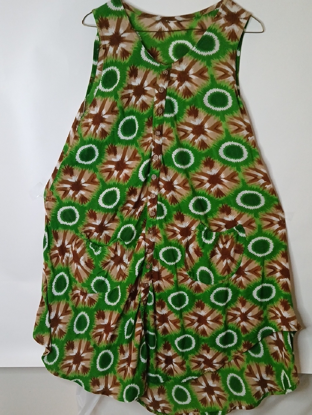 Green and Brown Patterned Button-Front Women's Sun Dress